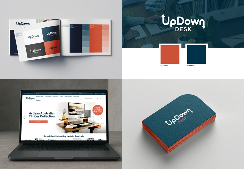 UpDown Desk brand design mockup showing brand identity, color palette, website design, and business card applications